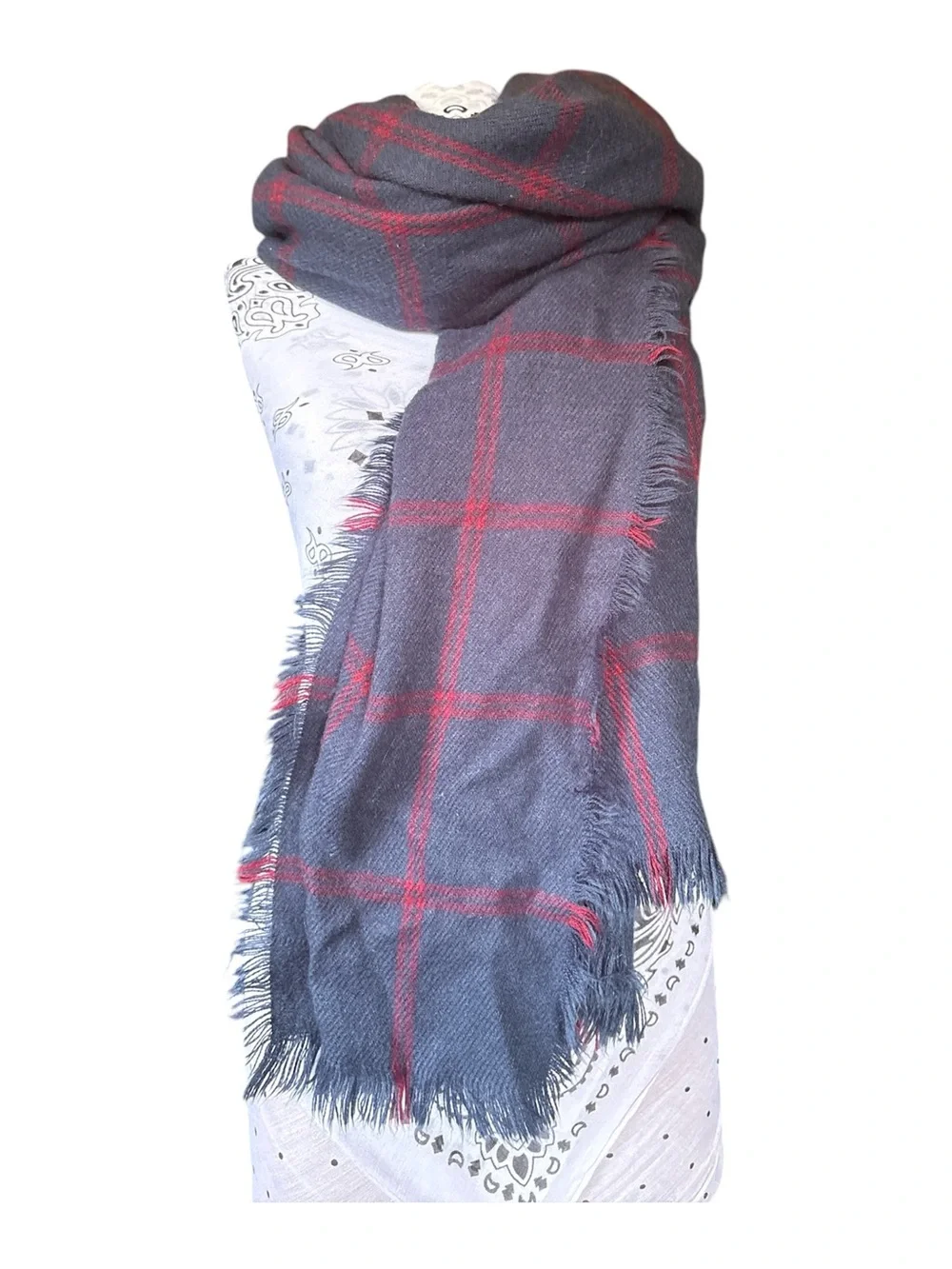 Cozy Plaid Fringe Shawl Sweater - Blue with Red Windowpane